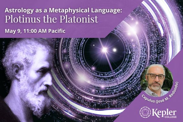 Vintage illustration of bust of Plotinus, circling glowing code and words emanating from central star, portrait of Capulus, José Manuel Redondo, Kepler College logo