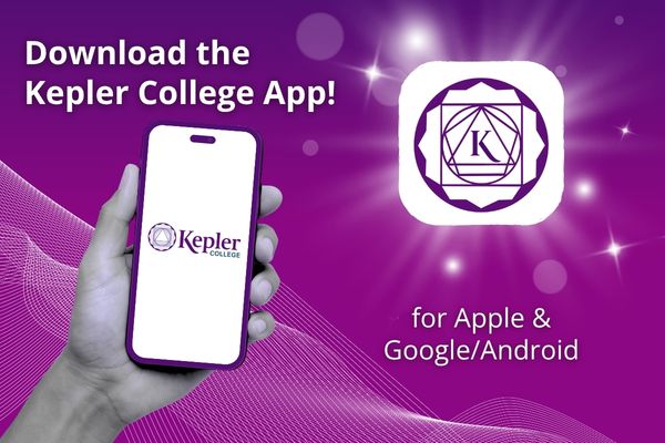 Hand holding phone, kepler college phone app icon, starburst and waveform, for google and android