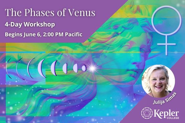 Rainbow portrait of Venus derived from statue, with striated lines in different hues suggesting phases of venus, glowing Venus planet, glyph, portrait of Julija Simas, Kepler College logo